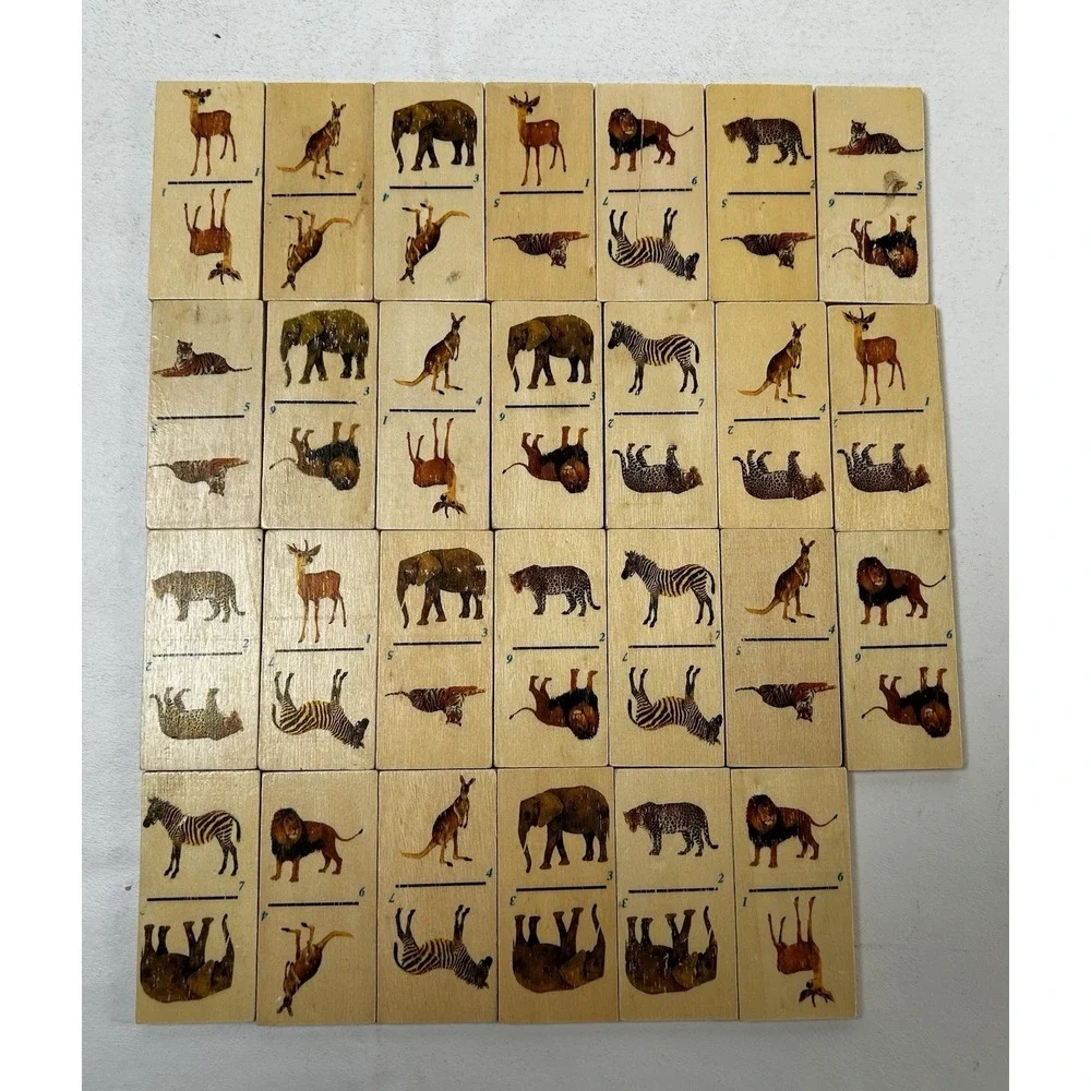 Vintage Wooden African Animal Dominoes 27 Pieces With Wooden Box Case